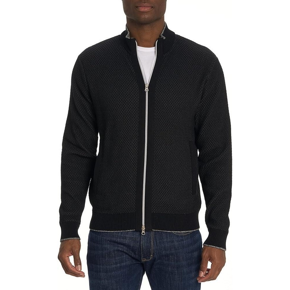 ROBERT GRAHAM Mens Sweater Large Black Zip Up Waffle Knit Cotton BUZZ $248